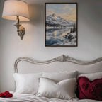 Winter Peak Reflections Canvas Art - Vertical – Walnut Floating Frame in room setting