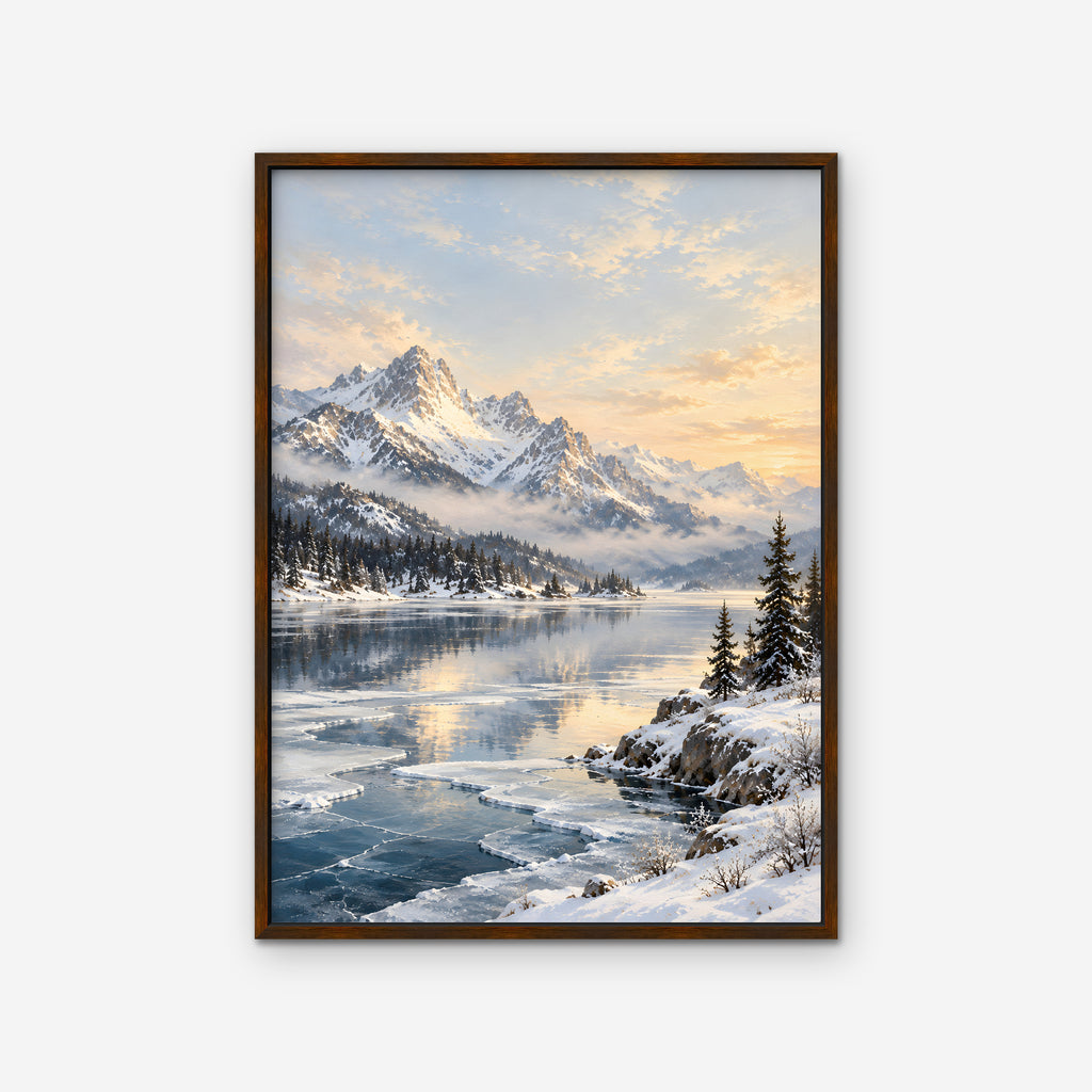 Winter Peak Reflections Canvas Art - Vertical – Walnut Floating Frame on white background