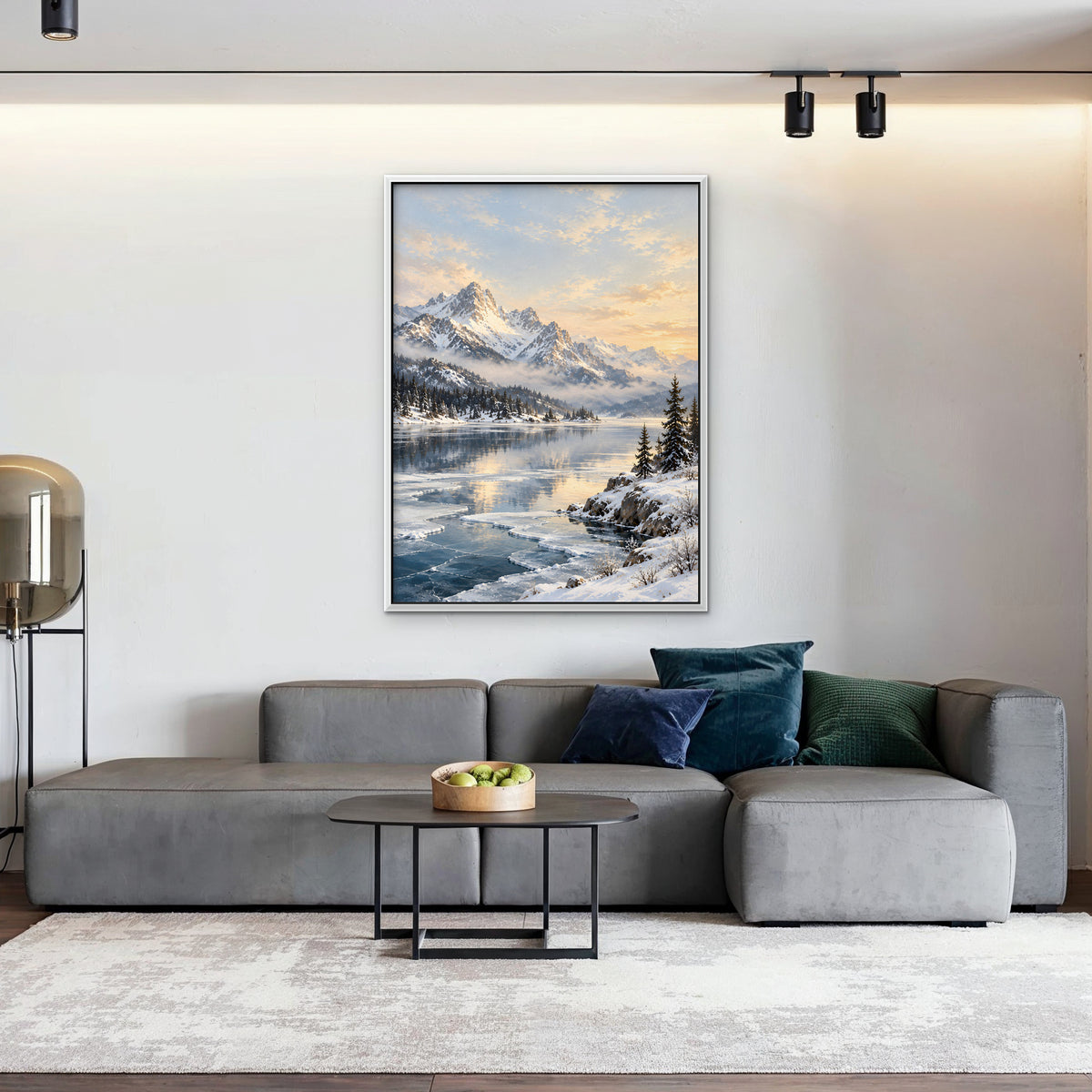Winter Peak Reflections Canvas Art - Vertical – White Floating Frame in room setting