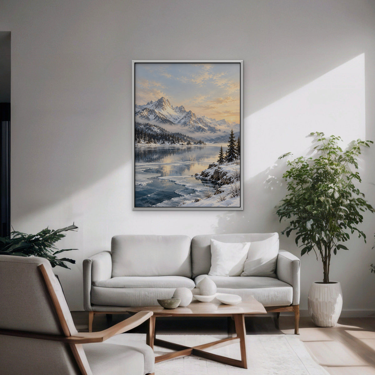 Winter Peak Reflections Canvas Art - Vertical – White Floating Frame in room setting