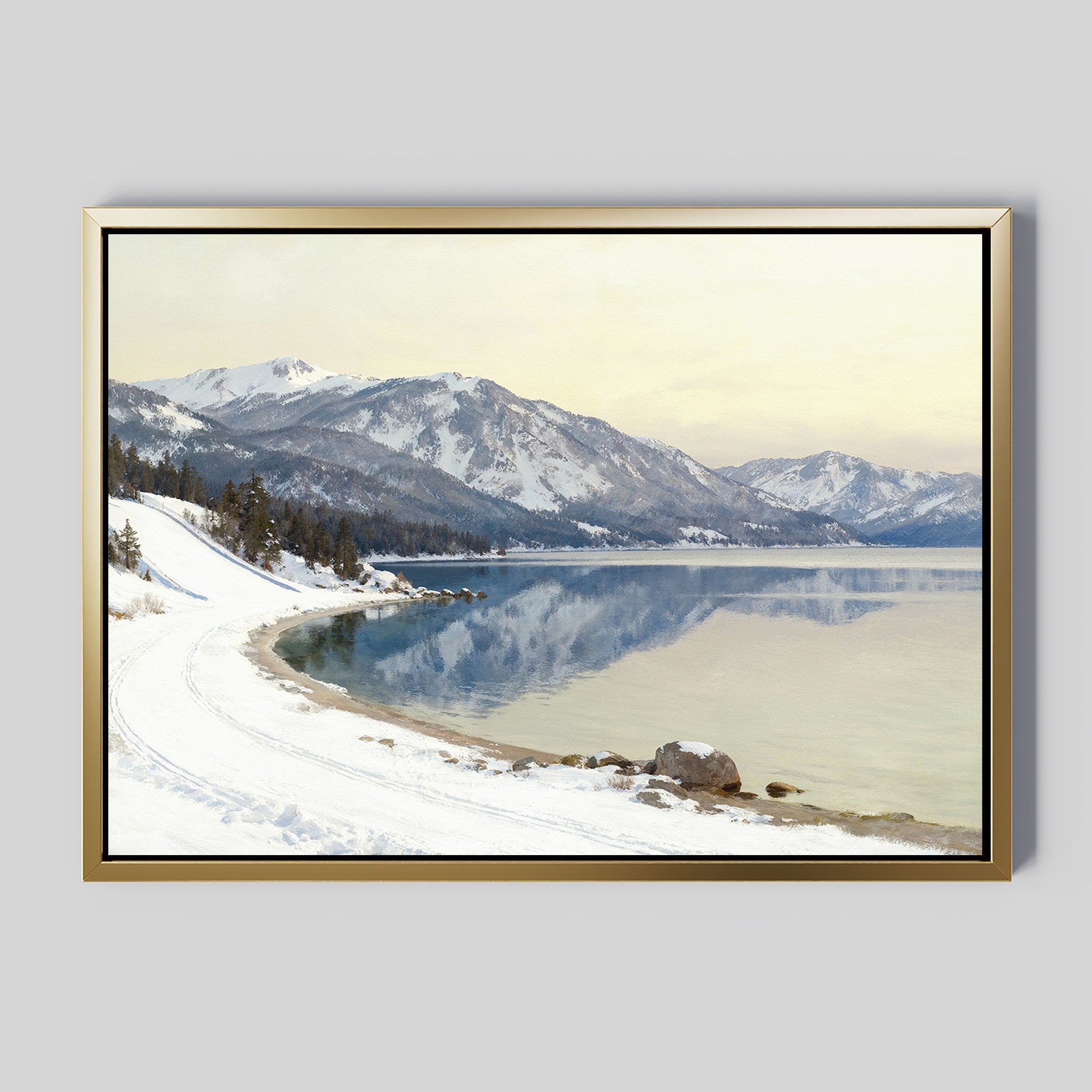 Silent Peaks at Glasswater – blue vintage canvas wall art print by Aspire Prints