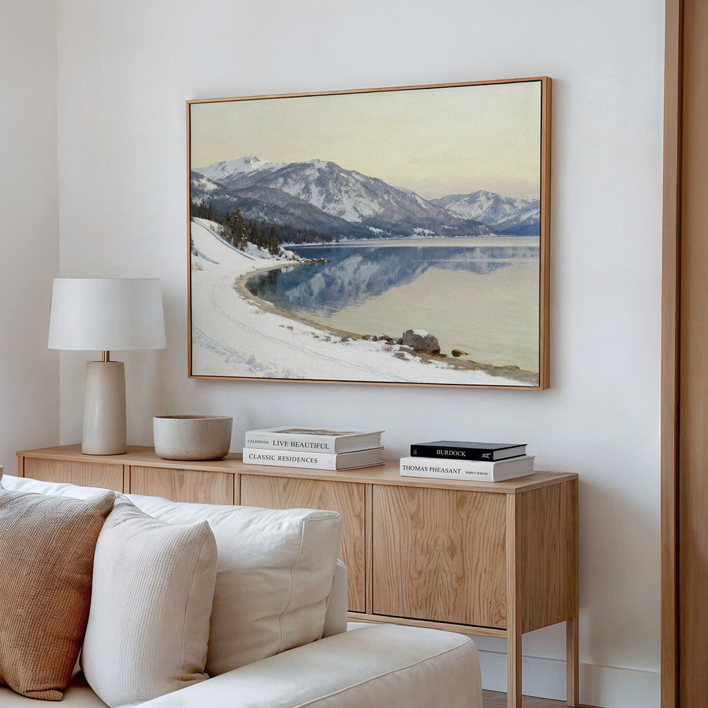 Silent Peaks at Glasswater – blue vintage canvas wall art print by Aspire Prints