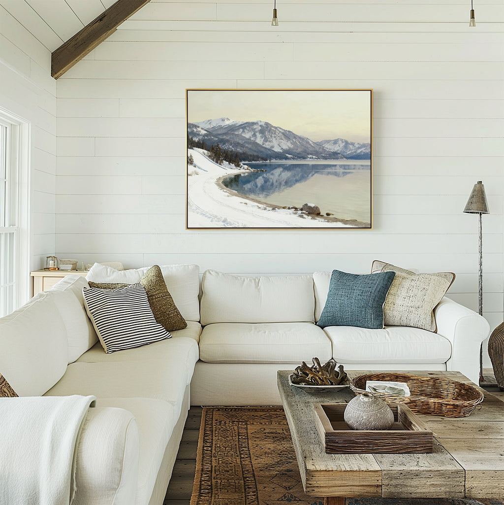 Silent Peaks at Glasswater – blue vintage canvas wall art print by Aspire Prints