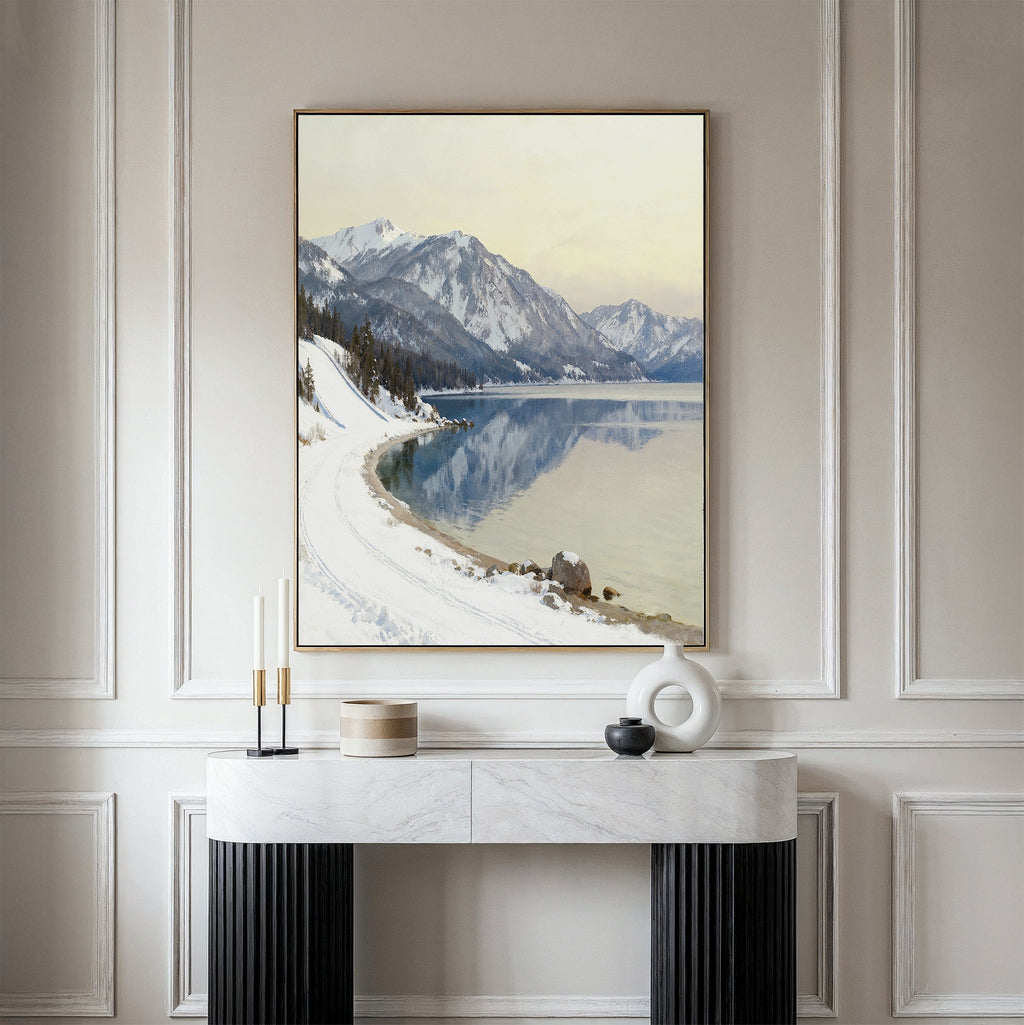 Silent Peaks, Mirrored Waters – blue vintage canvas wall art print by Aspire Prints