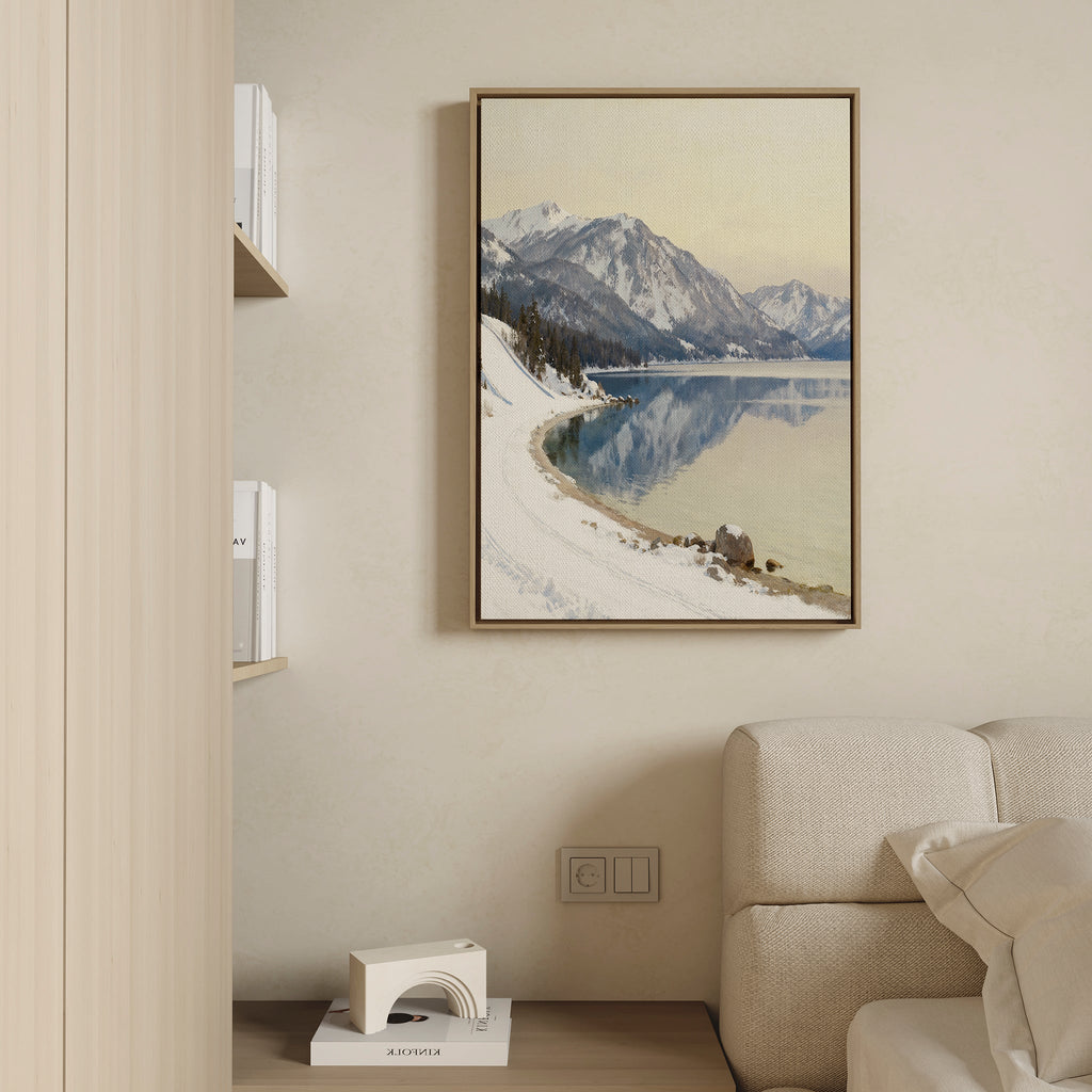 Silent Peaks, Mirrored Waters – blue vintage canvas wall art print by Aspire Prints