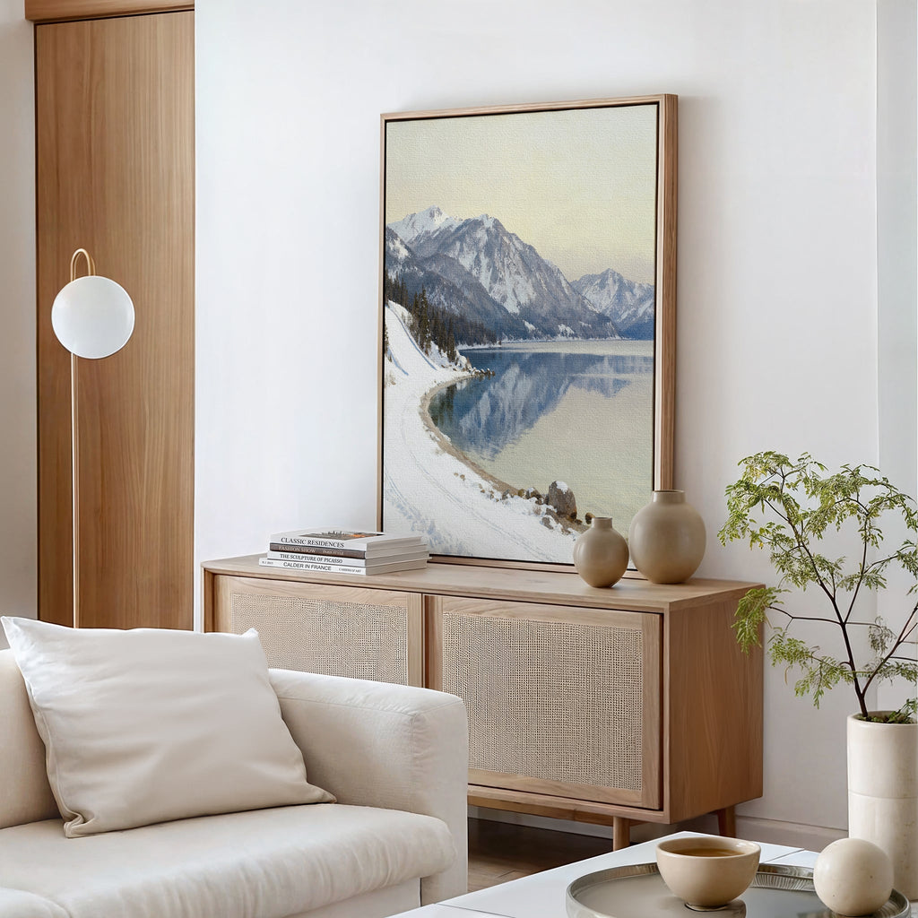 Silent Peaks, Mirrored Waters – blue vintage canvas wall art print by Aspire Prints