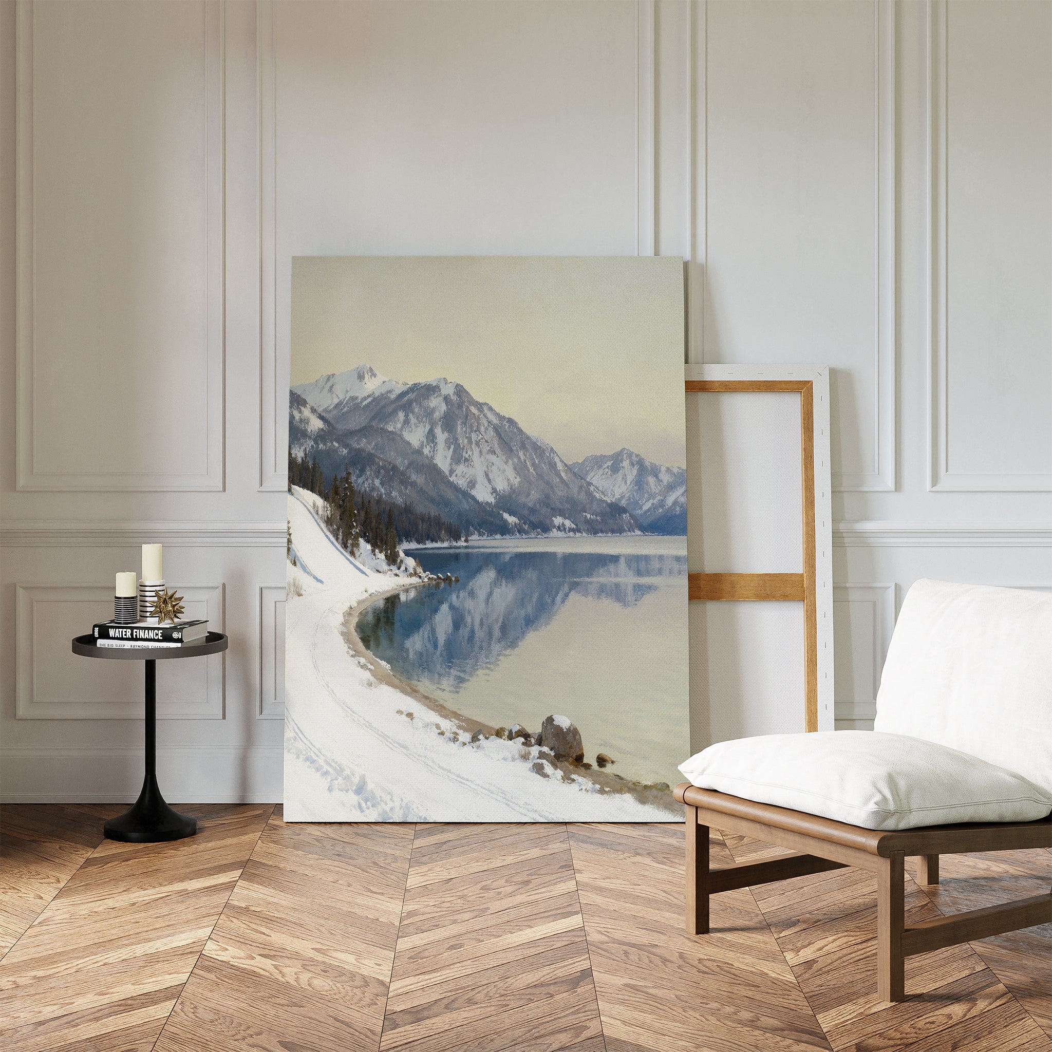 Silent Peaks, Mirrored Waters – blue vintage canvas wall art print by Aspire Prints