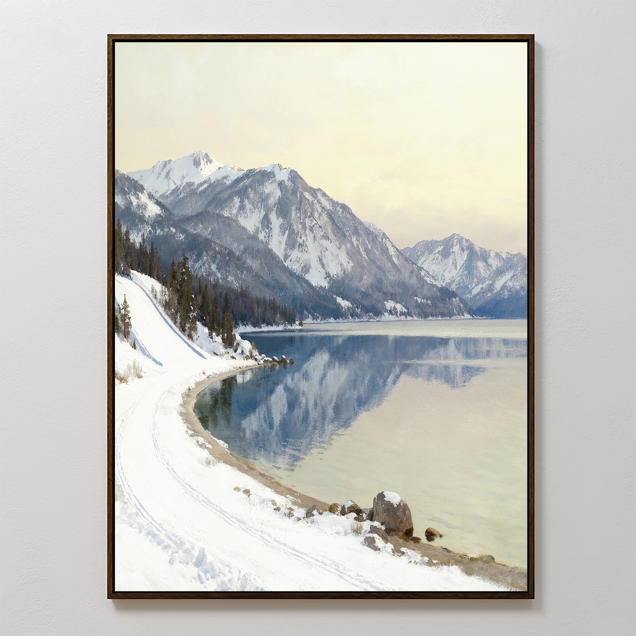 Silent Peaks, Mirrored Waters – blue vintage canvas wall art print by Aspire Prints