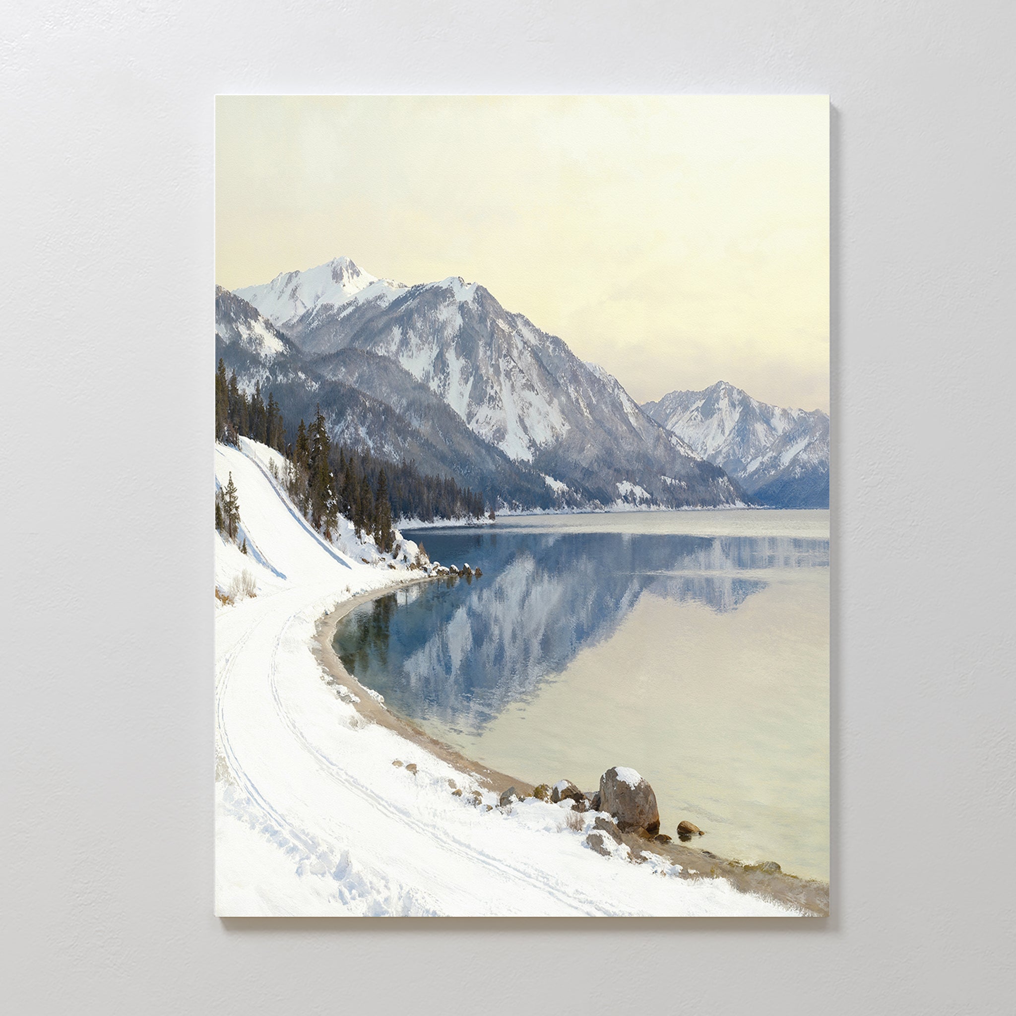 Silent Peaks, Mirrored Waters – blue vintage canvas wall art print by Aspire Prints