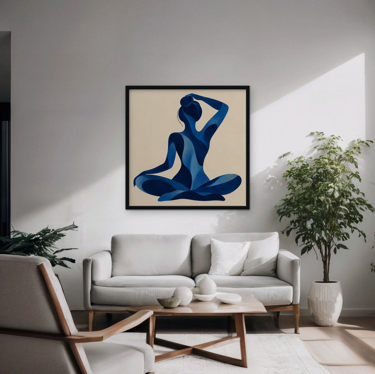 Woman in Blue Canvas Art - Square – Black Floating Frame in room setting