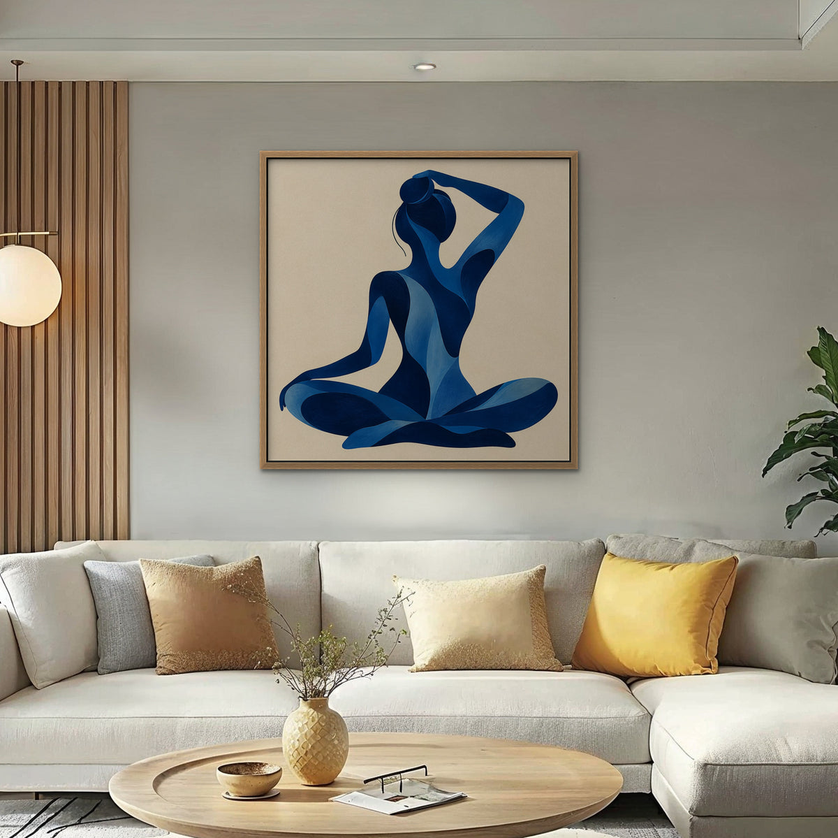 Woman in Blue Canvas Art - Square – Oak Floating Frame in room setting