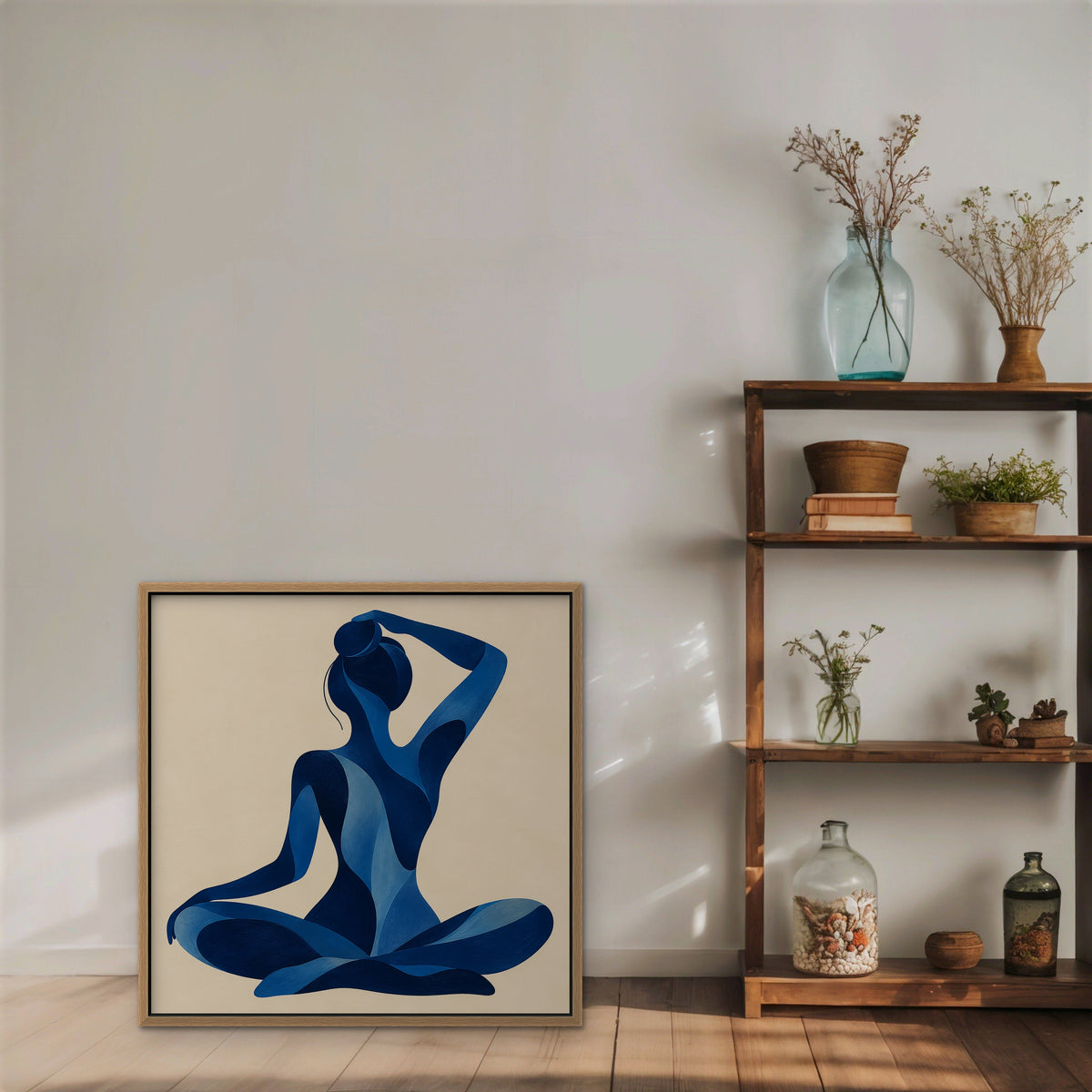 Woman in Blue Canvas Art - Square – Oak Floating Frame in room setting
