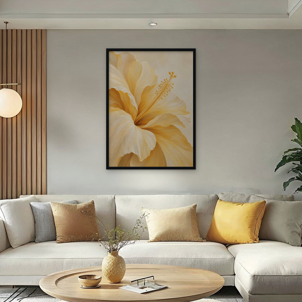 Yellow Hibiscus Canvas Art - Vertical – Black Floating Frame in room setting