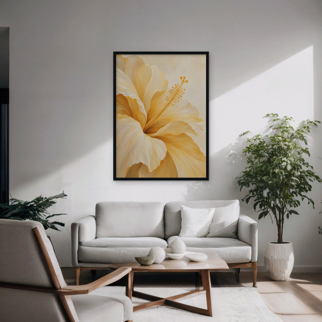 Yellow Hibiscus Canvas Art - Vertical – Black Floating Frame in room setting