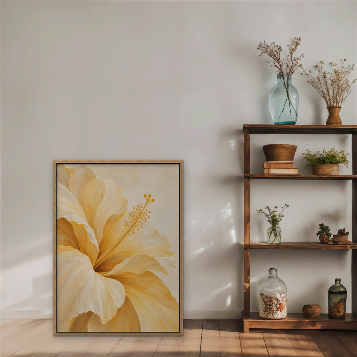 Yellow Hibiscus Canvas Art - Vertical – Oak Floating Frame in room setting