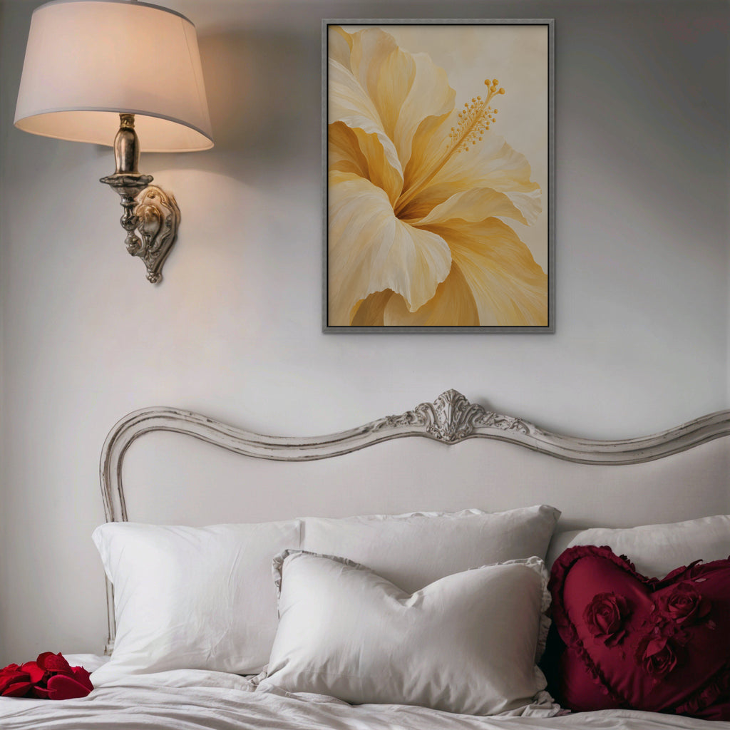 Yellow Hibiscus Canvas Art - Vertical – Silver Floating Frame in room setting