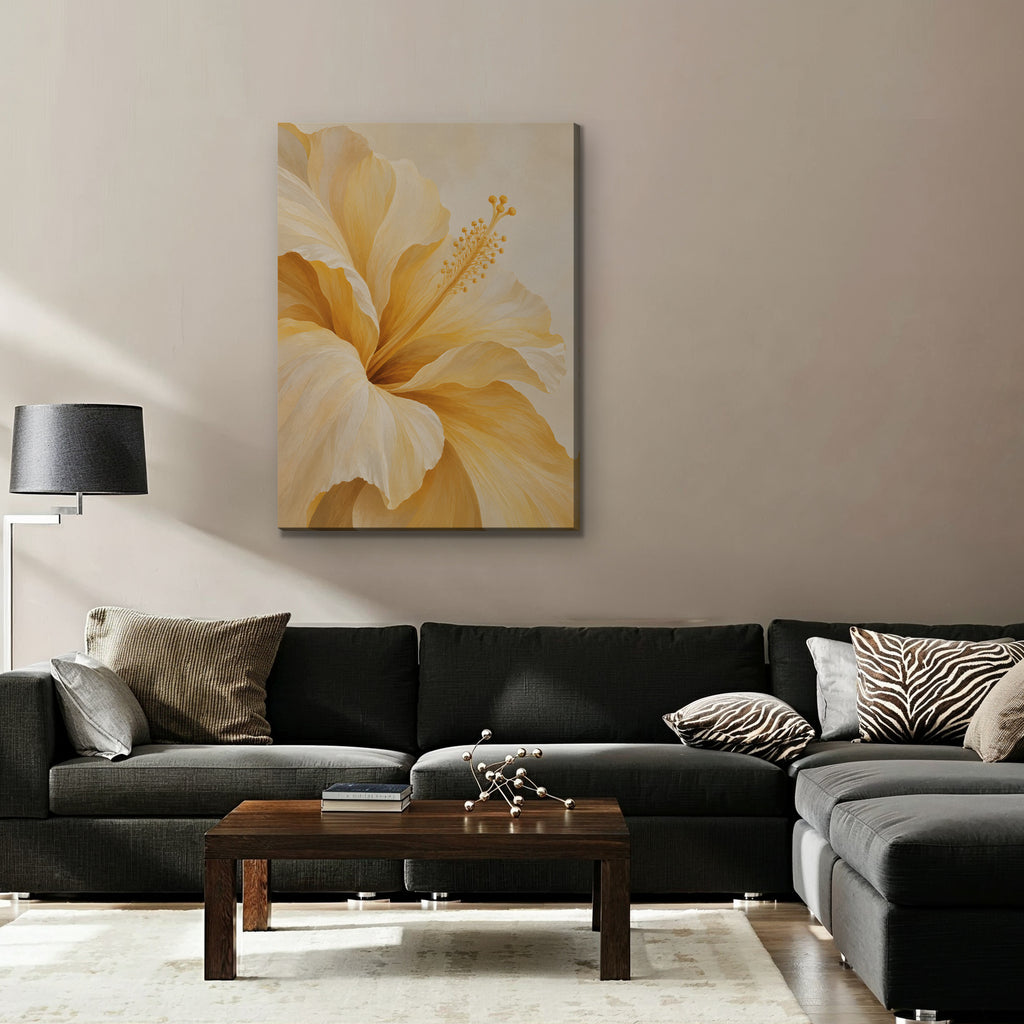 Yellow Hibiscus Canvas Art - Vertical – Stretched Canvas Only in room setting