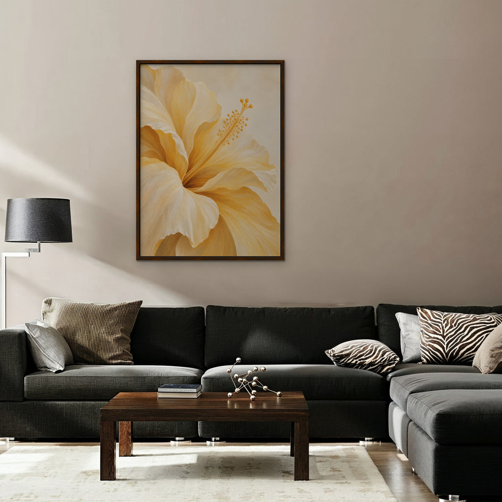 Yellow Hibiscus Canvas Art - Vertical – Walnut Floating Frame in room setting