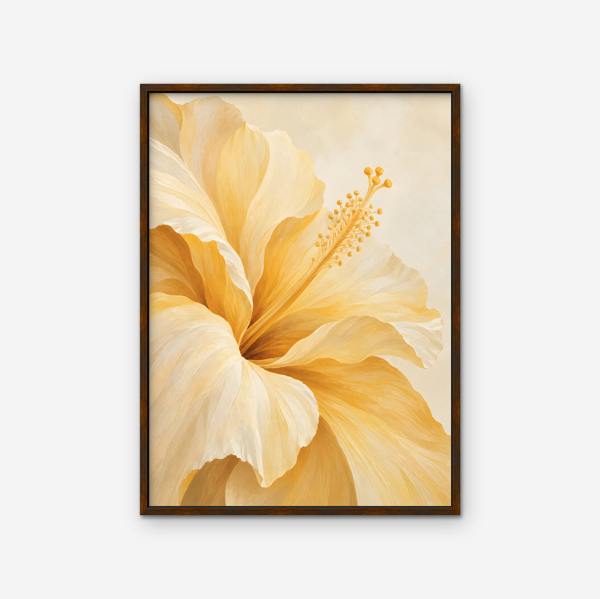 Yellow Hibiscus Canvas Art - Vertical – Walnut Floating Frame on white background