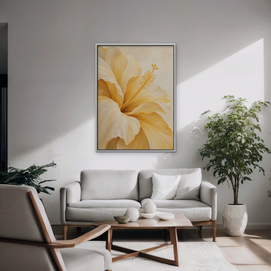 Yellow Hibiscus Canvas Art - Vertical – White Floating Frame in room setting